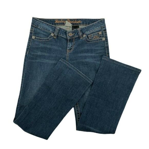 Harley Davidson Denim Jeans Women Size 6 Bootcut Stretch Med Wash Whiskers Blue - Picture 5 of 9